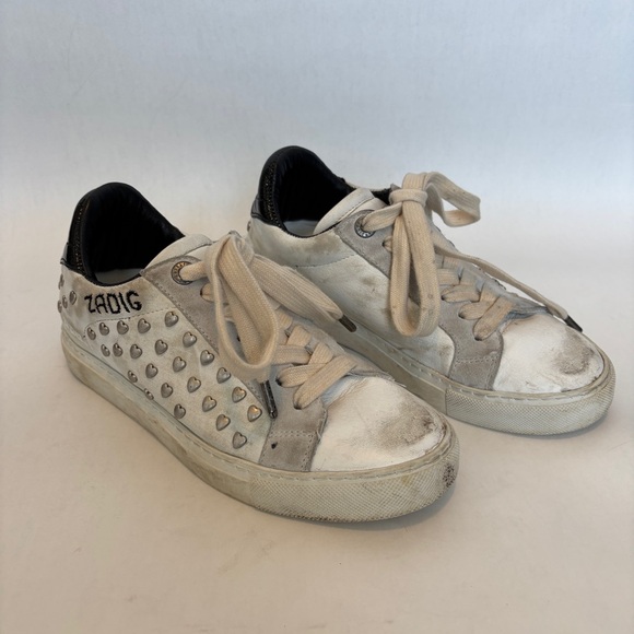 Zadig & Voltaire womens white leather Heart Studded Sneakers distressed size 36 - Picture 1 of 14